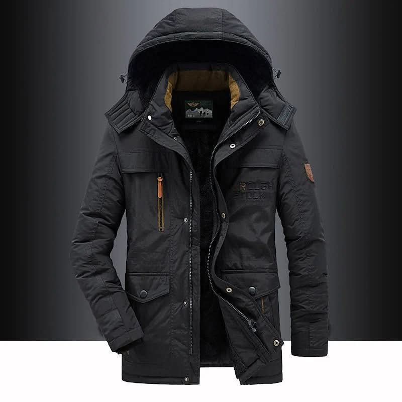 Rugged men's outdoor parka, heavily insulated for superior warmth and protection in harsh winter conditions.