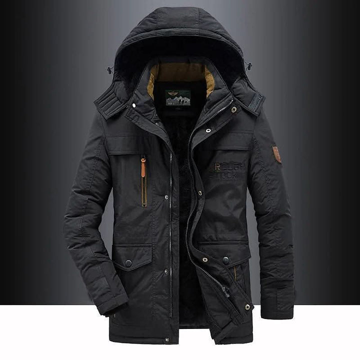Rugged men's outdoor parka, heavily insulated for superior warmth and protection in harsh winter conditions.