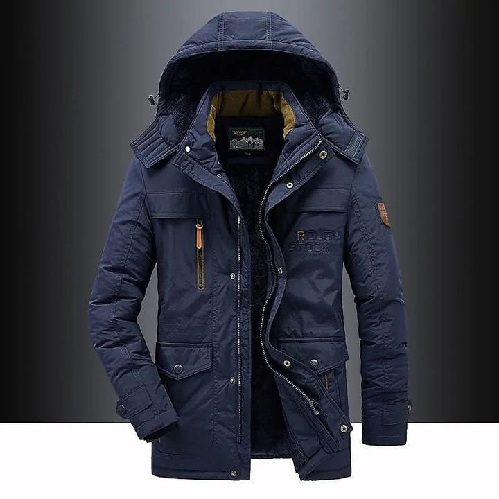 Long-length men's insulated winter parka, padded and hooded for full body warmth and protection from cold.