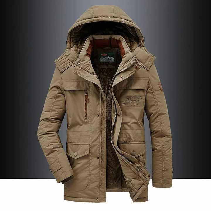 Men's performance winter parka, warm and windproof, ideal for active cold weather outdoor adventures.