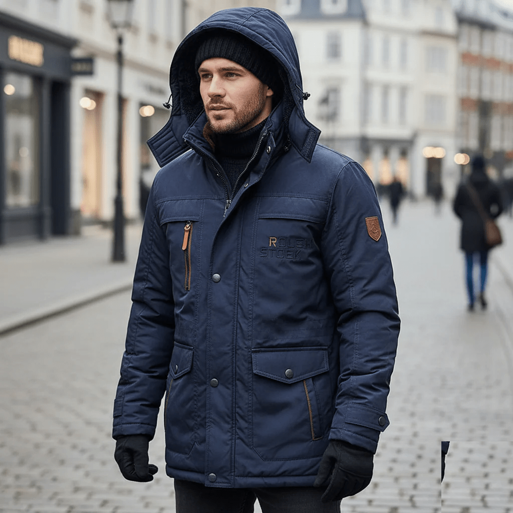 Men's durable winter parka with insulated lining, providing exceptional warmth against extreme cold.