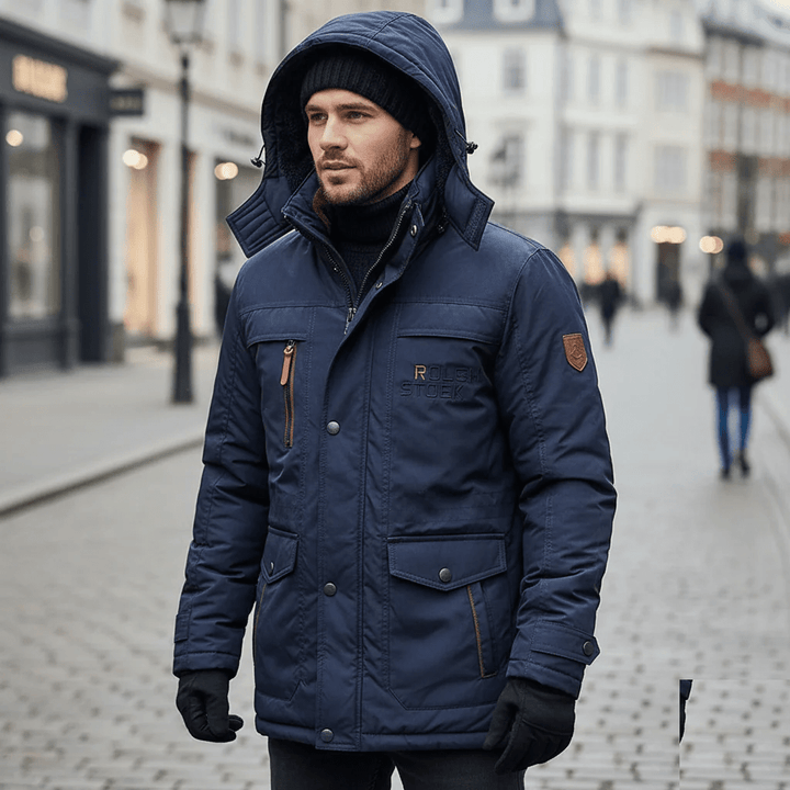 Men's durable winter parka with insulated lining, providing exceptional warmth against extreme cold.