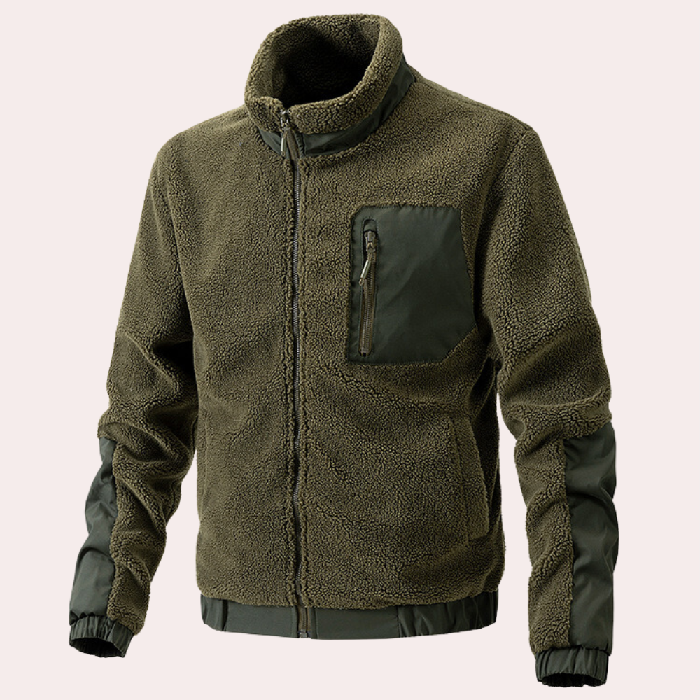 Back view of a comfortable men's green outdoor jacket, designed for ultimate cold weather protection & style.