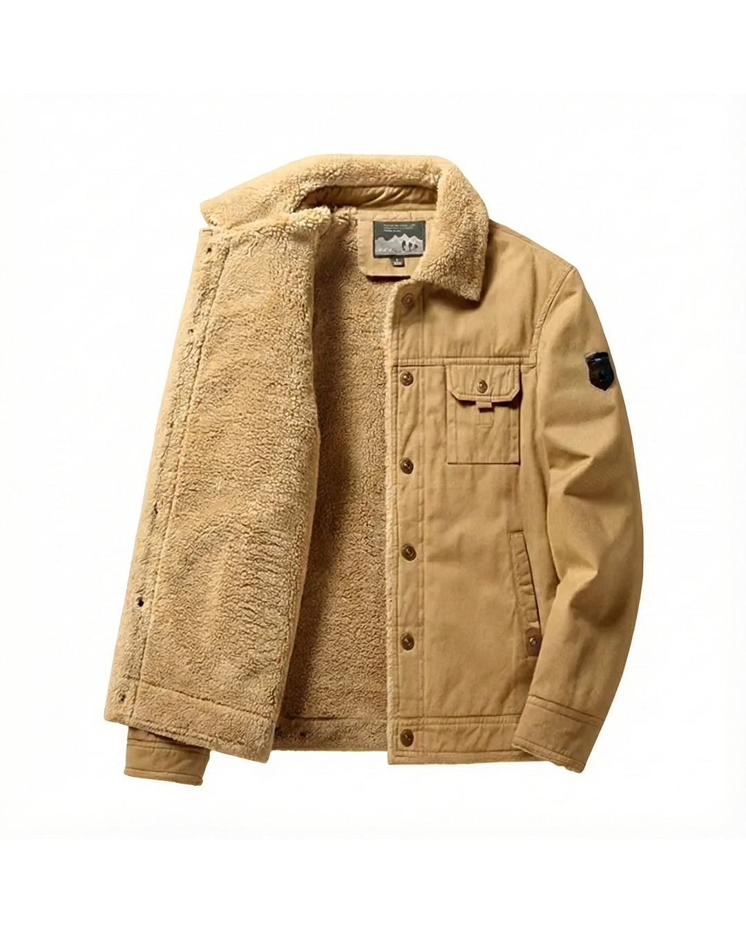 Men's warm Khaki Sherpa Trucker Jacket, cotton wool outerwear perfect for winter and fall fashion.