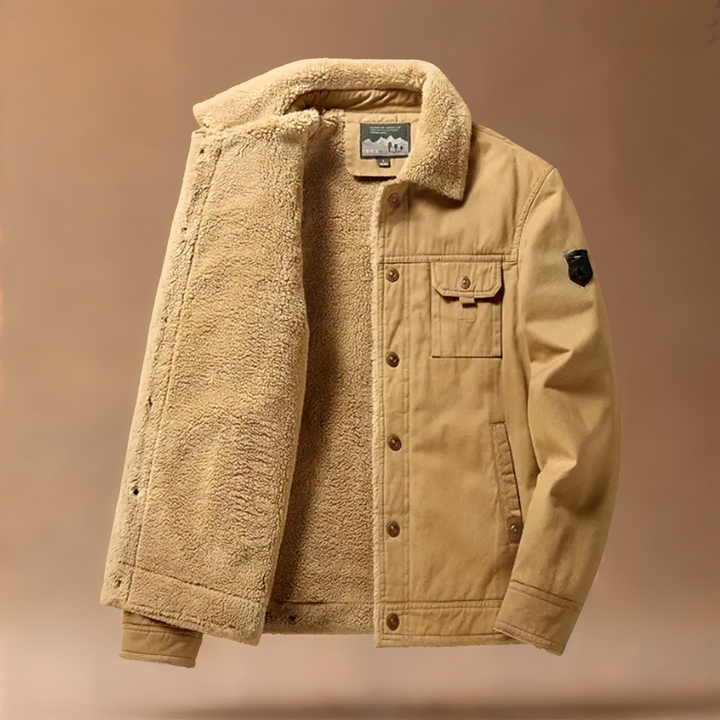 Navy blue men's Sherpa Trucker Jacket, a cozy cotton wool button-up outerwear for cold weather.