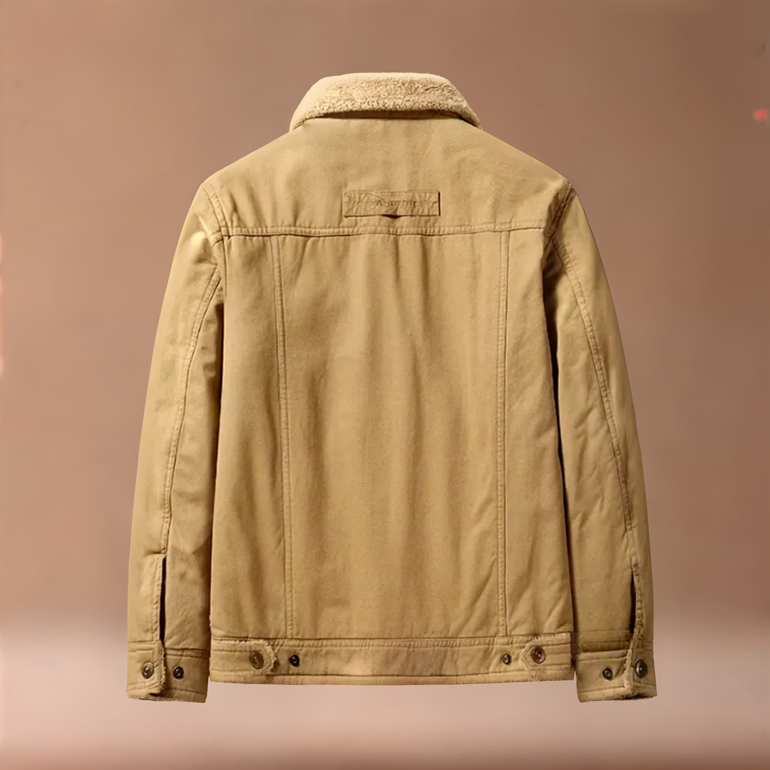 Warm men's Sherpa Trucker Jacket in durable cotton wool, essential outerwear for winter style.
