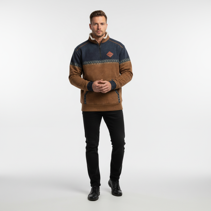 Johnny men's long sleeve knit sweater with a practical zip closure, perfect for comfort and warmth.