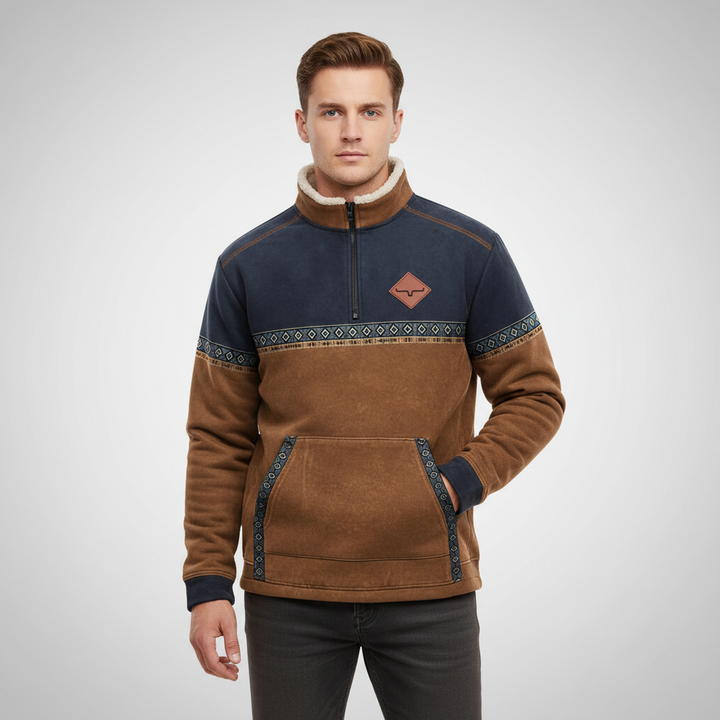 Close-up of a men's warm knit sweater, showcasing the detailed knit texture and functional zip closure.