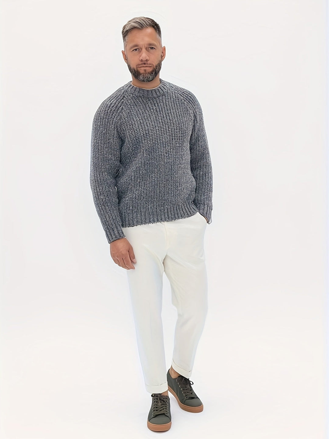 Warm knit men's winter sweater. Solid color, long sleeve design for casual comfort & cool weather style.