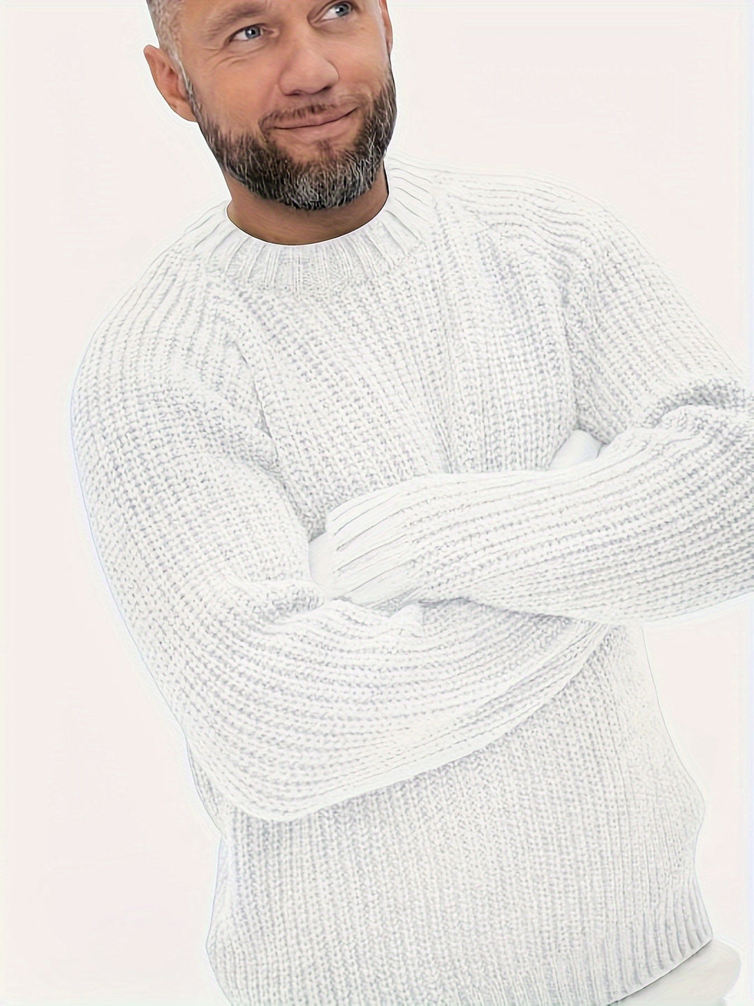Casual men's solid color knit sweater. Warm, long sleeve design for everyday winter fashion & cozy comfort.
