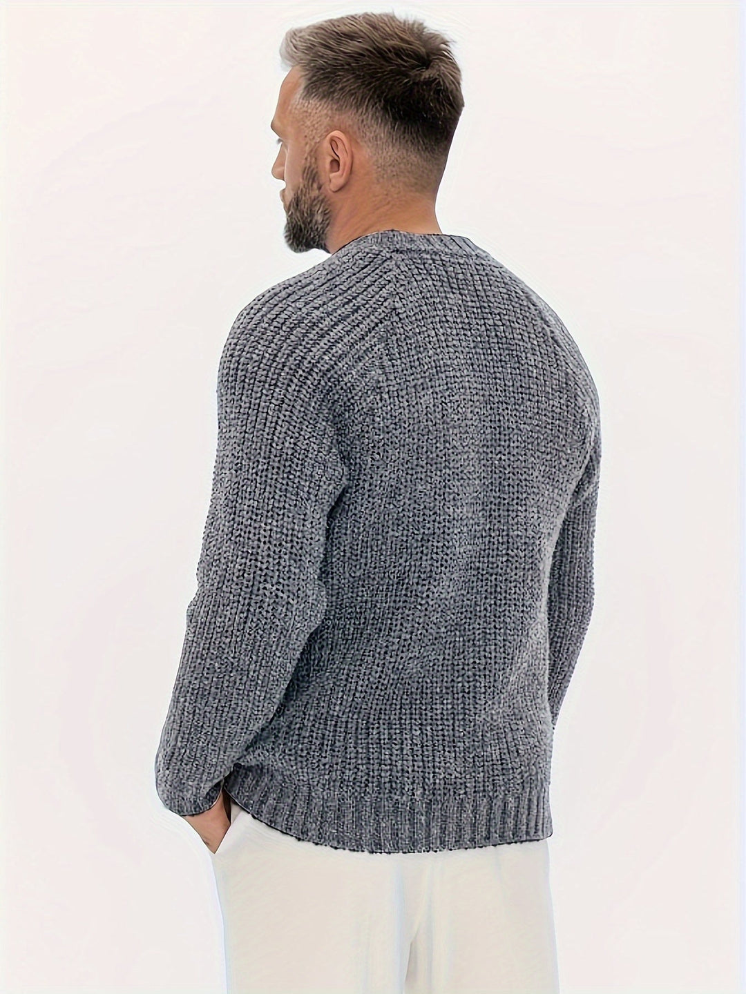 Cozy men's warm winter sweater in a solid color knit. Long sleeve for ultimate comfort and cool weather style.