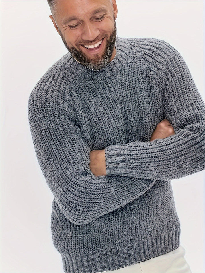 Men's warm knit solid color sweater. Long sleeve, comfortable winter fashion, great men's gift idea.