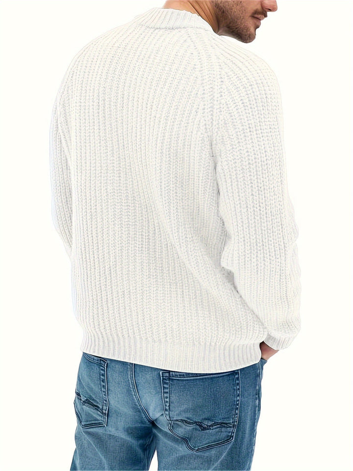Warm men's solid knit sweater. Long sleeve, casual winter wear for cozy comfort in cool weather.