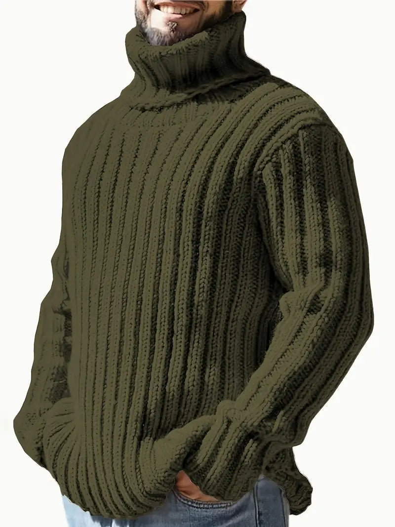 Chunky knit men's wool blend turtleneck sweater, long sleeve, ideal for winter warmth.