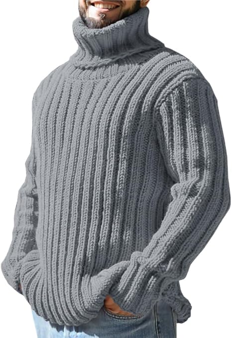 Warm men's knitted roll neck jumper, soft wool blend for cozy winter casual style.