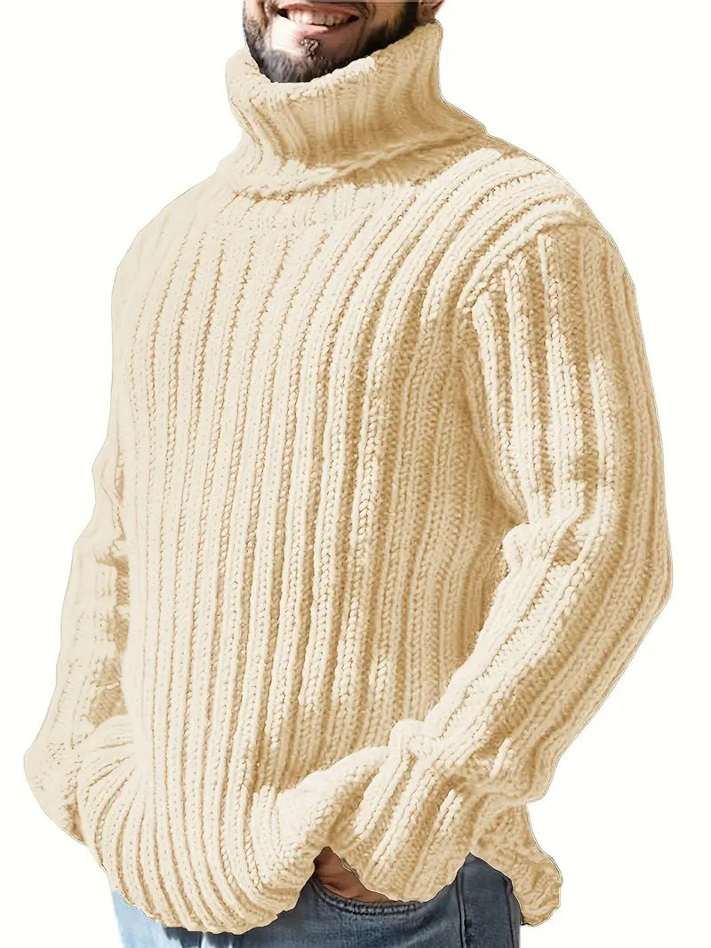 Men's long sleeve wool blend chunky knit sweater, stylish roll neck design for winter.