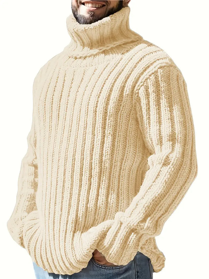 Men's long sleeve wool blend chunky knit sweater, stylish roll neck design for winter.