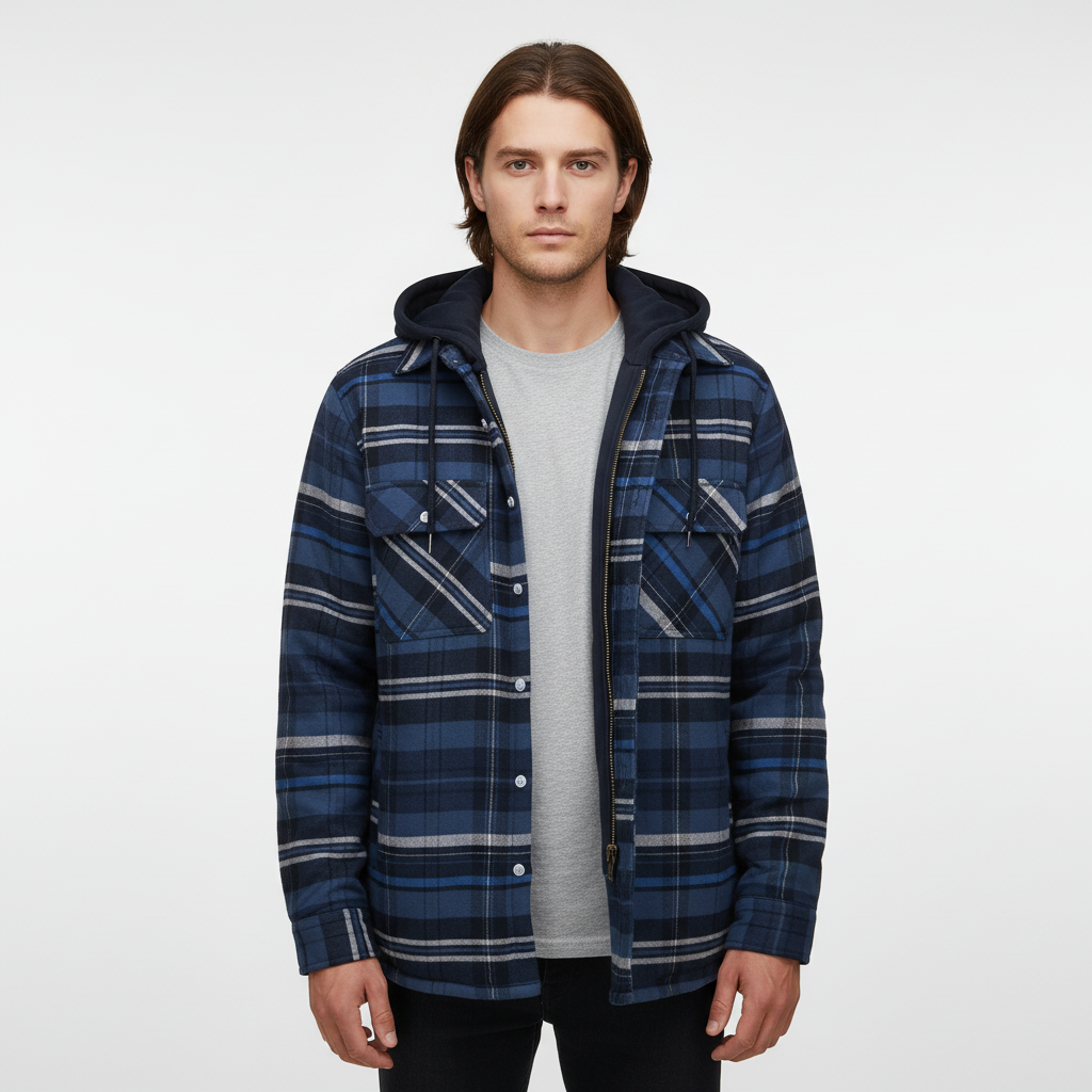 Man smiling, wearing a comfortable men's checkered hooded jacket, outdoor setting.