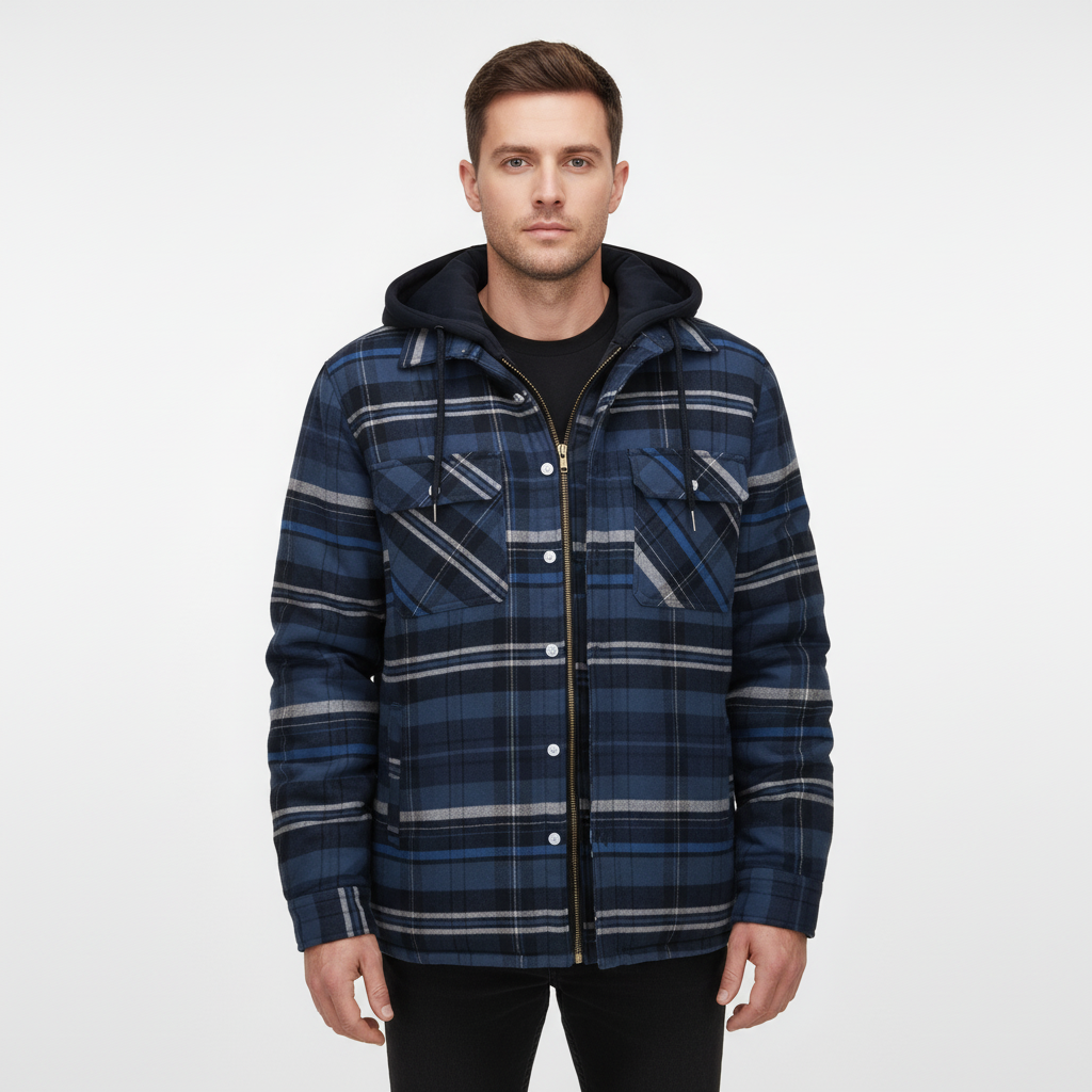 Close-up of pocket and design elements on the men's warm hooded checkered jacket.