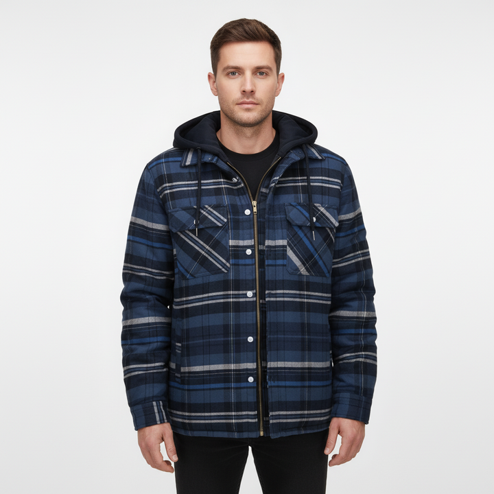 Close-up of pocket and design elements on the men's warm hooded checkered jacket.