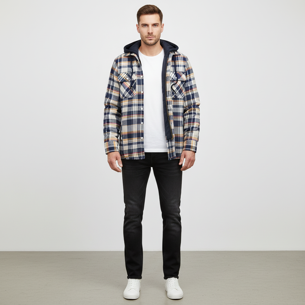 Close-up of men's checkered hooded jacket fabric, showing warm lining and detail.
