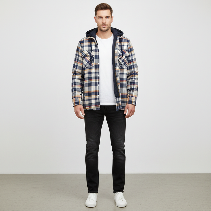 Close-up of men's checkered hooded jacket fabric, showing warm lining and detail.