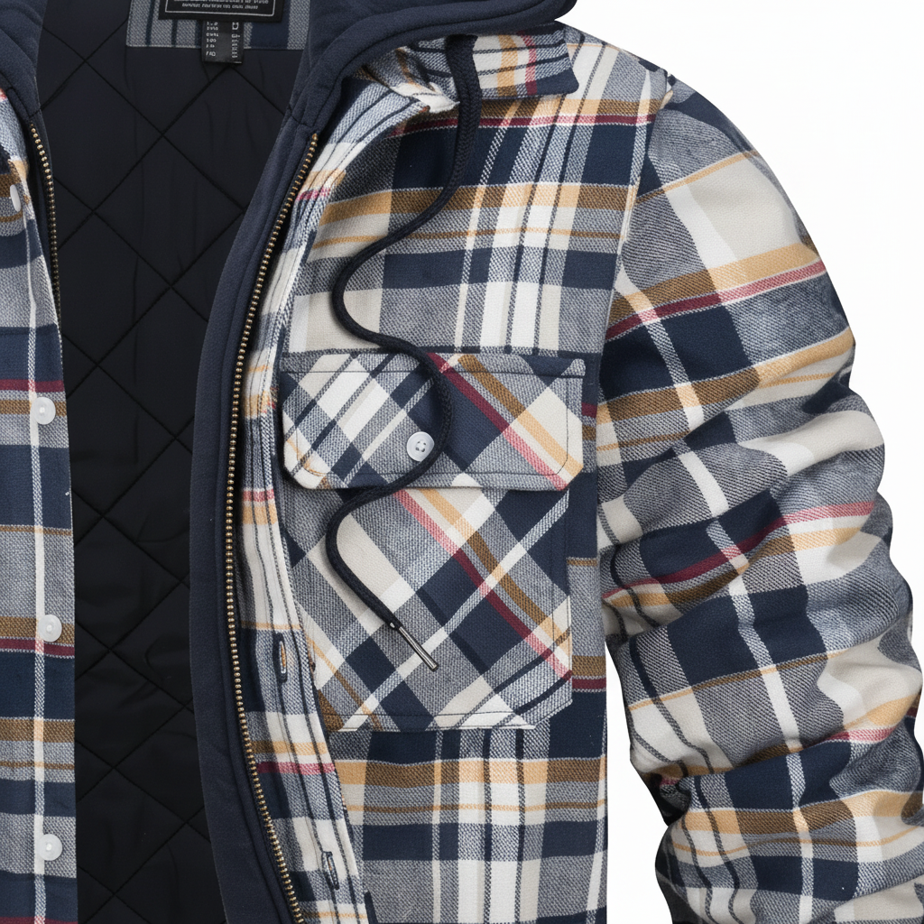 Man wearing Praktische Kapuzenjacke - Luis, a warm checkered hooded jacket, front view.