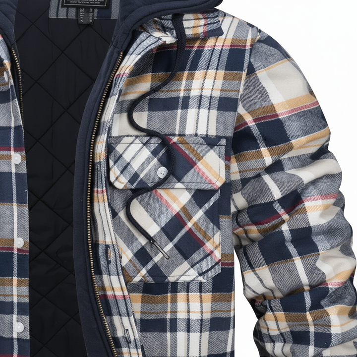 Man wearing Praktische Kapuzenjacke - Luis, a warm checkered hooded jacket, front view.