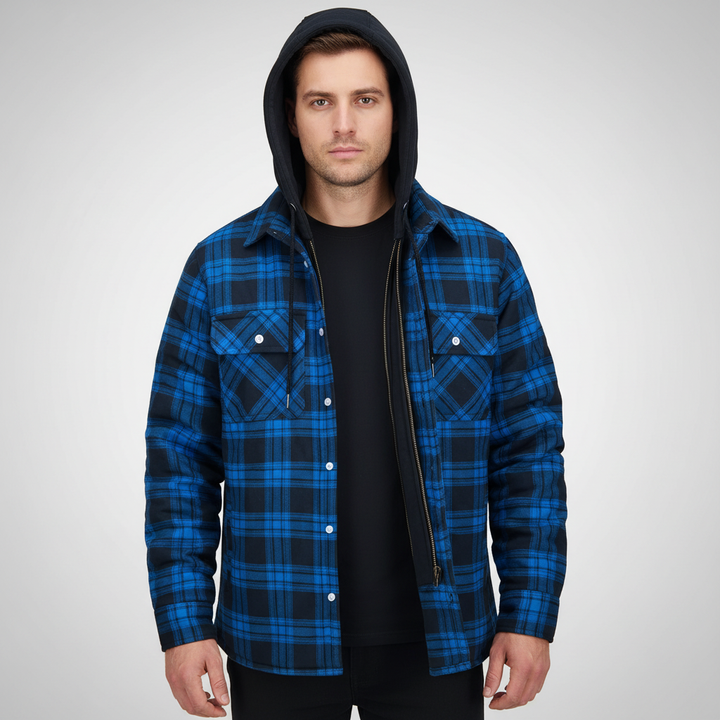 Praktische Kapuzenjacke - Luis, a stylish men's checkered hooded jacket, laid flat.