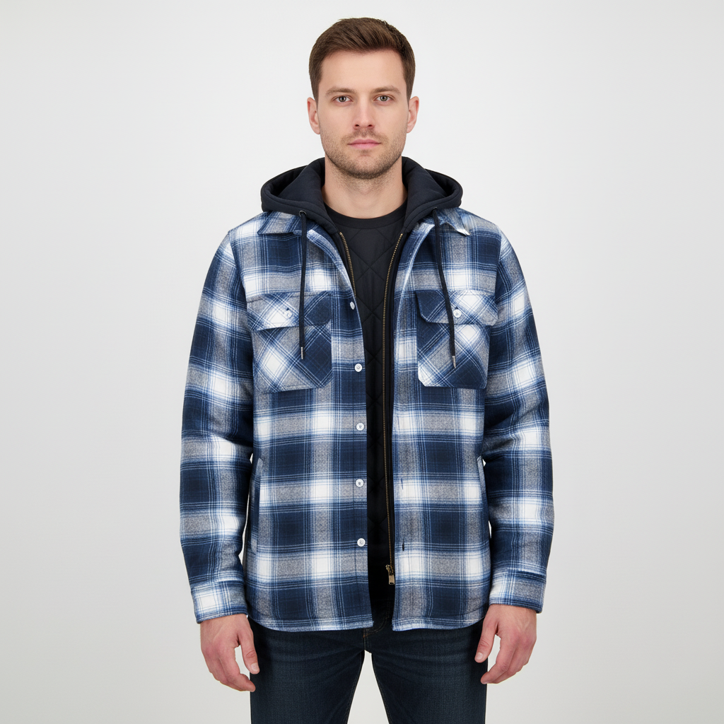 Detail of hood and drawstring on the men's warm lined checkered hooded jacket.