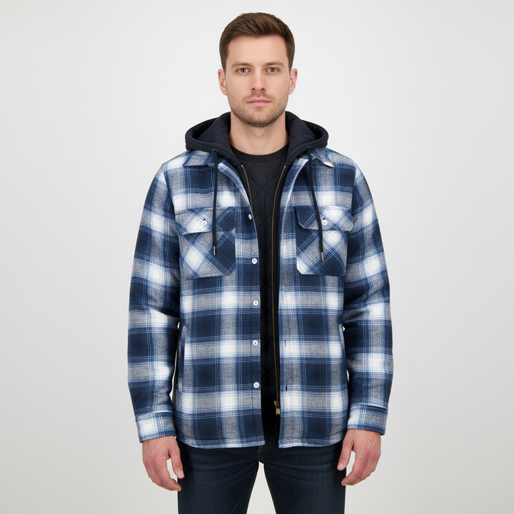 Detail of hood and drawstring on the men's warm lined checkered hooded jacket.