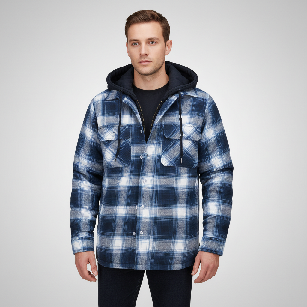 Men's fashion: Warm checkered hooded jacket with hands in pockets, casual style.