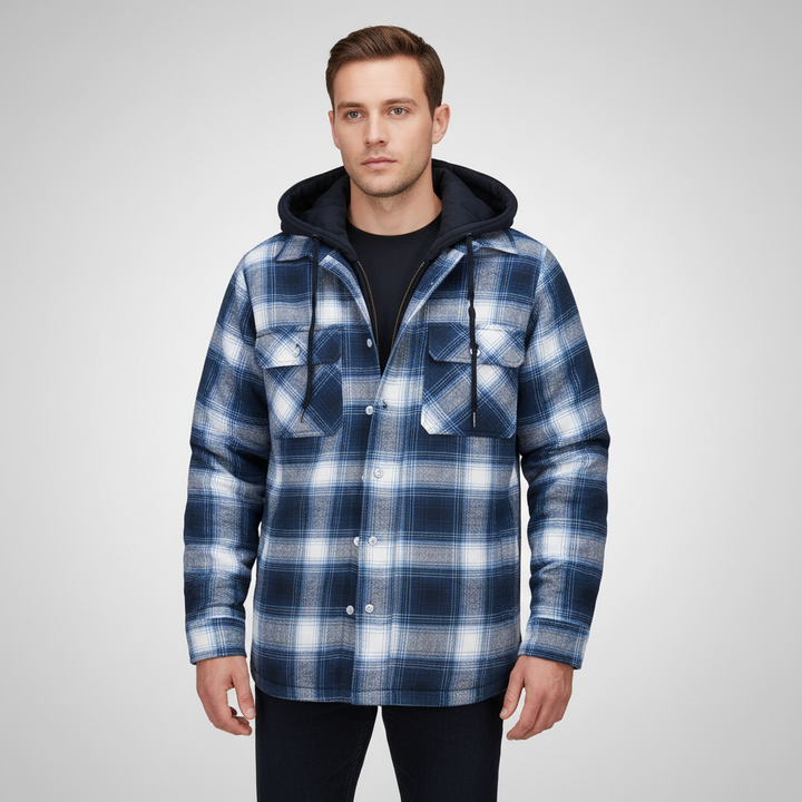 Men's fashion: Warm checkered hooded jacket with hands in pockets, casual style.