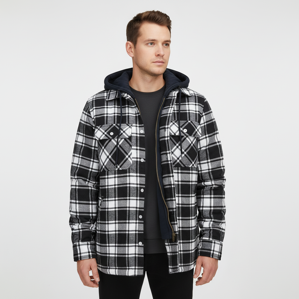 Back view of men's Praktische Kapuzenjacke - Luis, showcasing checkered winter coat pattern.