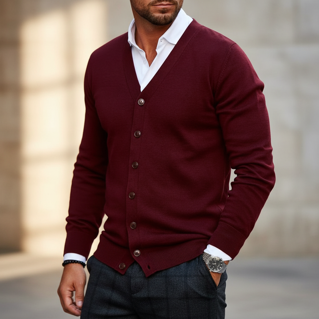 Men's warm navy knit cardigan with button-front closure, perfect for elegant layered winter fashion.