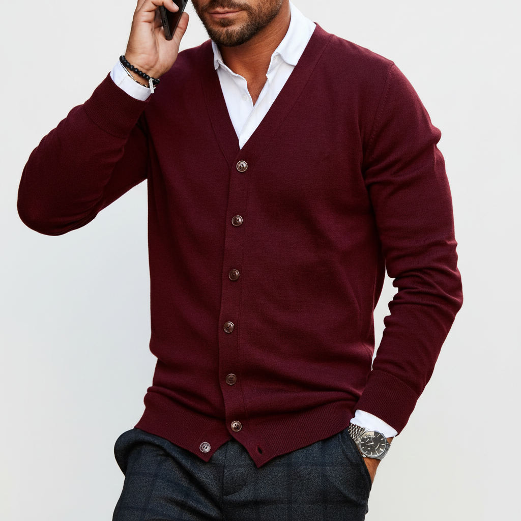 Closeup of a gray men's button-front knit cardigan, highlighting the detailed warm sweater texture.