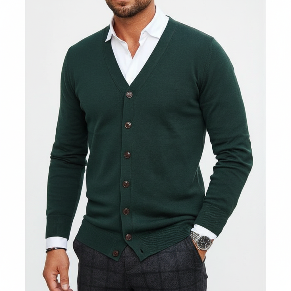Detailed view of the button-front on a men's warm knit cardigan, emphasizing quality and fashion.