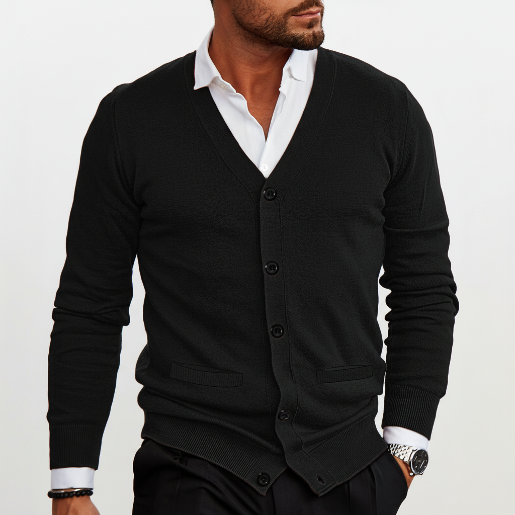 Men's fashion: button-front knit cardigan providing warmth and style as essential casual wear.