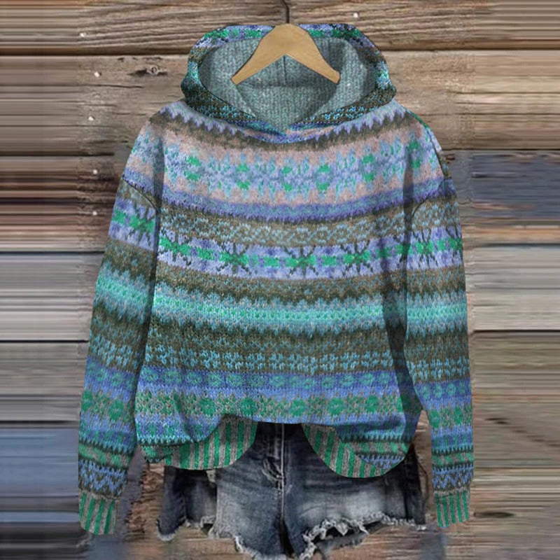Men's warm Nordic knit crewneck sweater with intricate winter pattern, perfect for cozy cold weather style.