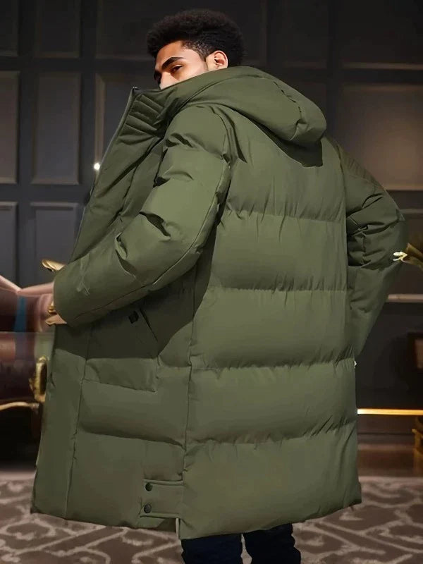 Men's warm padded long coat, a stylish insulated winter jacket for cold weather gear and fashion.