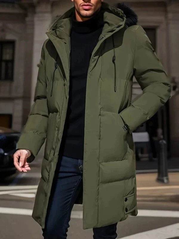 Premium men's insulated long winter coat. Padded jacket offering warmth & protection for cold weather.