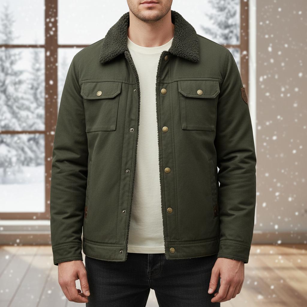 Men's warm padded winter jacket with wool lining & shawl collar, ideal for casual outerwear.