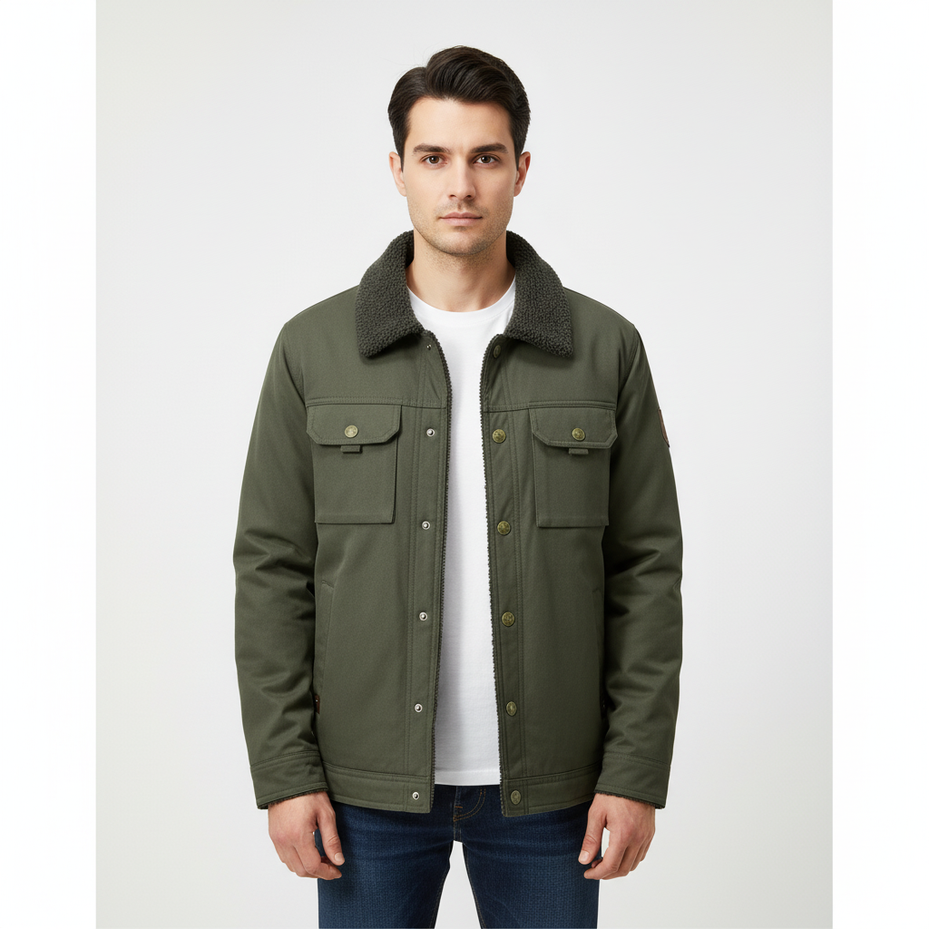 Long sleeve men's winter coat, polyester with thick wool lining, perfect for cold weather.
