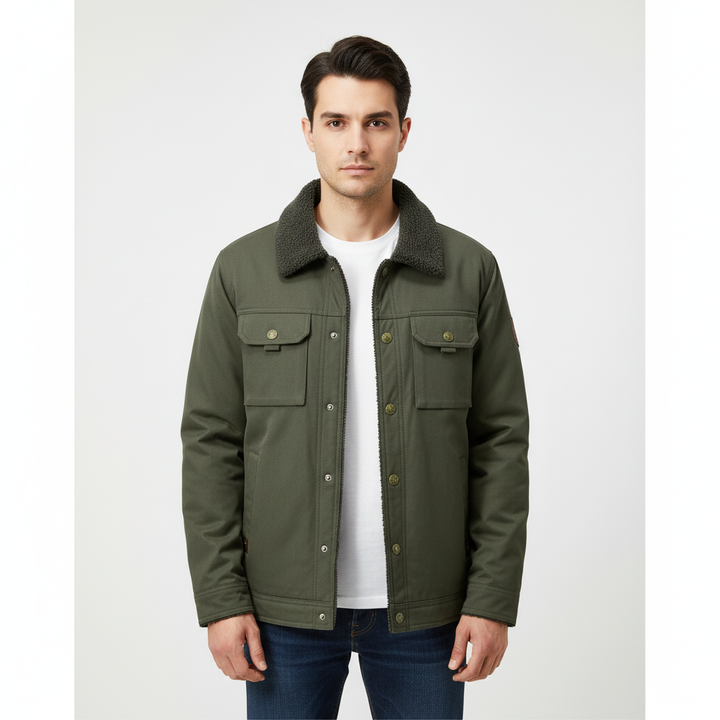 Long sleeve men's winter coat, polyester with thick wool lining, perfect for cold weather.