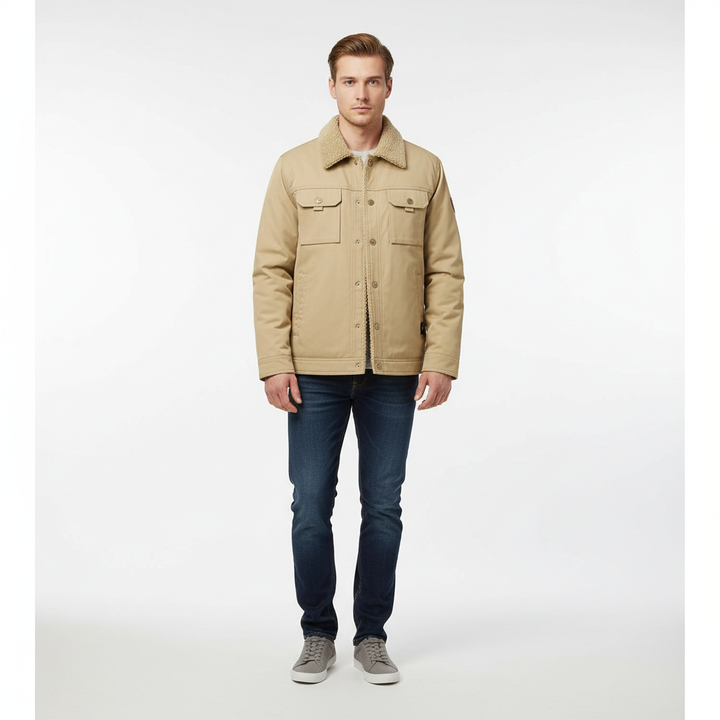 Heavy-duty men's winter outerwear, wool-lined with padded design, full zip, cozy and warm.