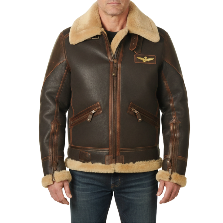 Men's warm pilot jacket, ultimate winter style & comfort. Black aviator bomber with front zipper.