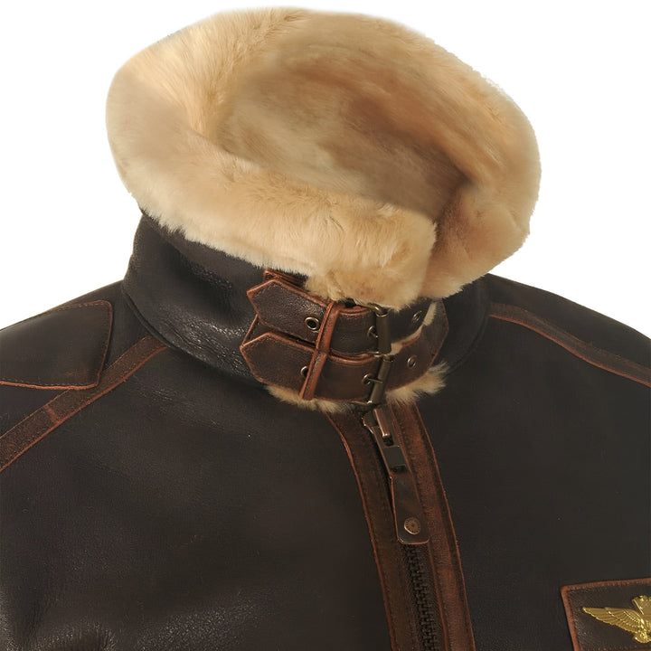 Comfortable men's warm winter jacket. Durable pilot style outerwear with practical front zipper.