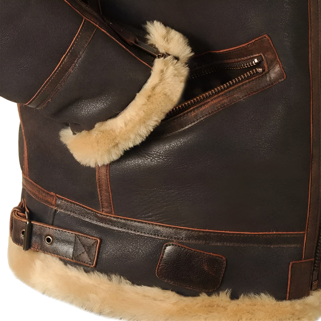 Close-up of rib-knit collar & cuffs on men's warm pilot jacket. Winter fashion & comfort details.