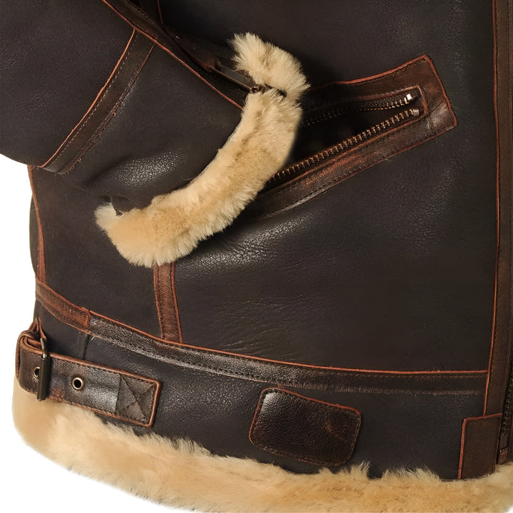 Close-up of rib-knit collar & cuffs on men's warm pilot jacket. Winter fashion & comfort details.