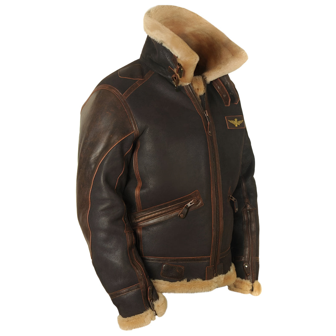 Front zipper detail on men's warm winter pilot bomber jacket. Stylish and functional outerwear feature.